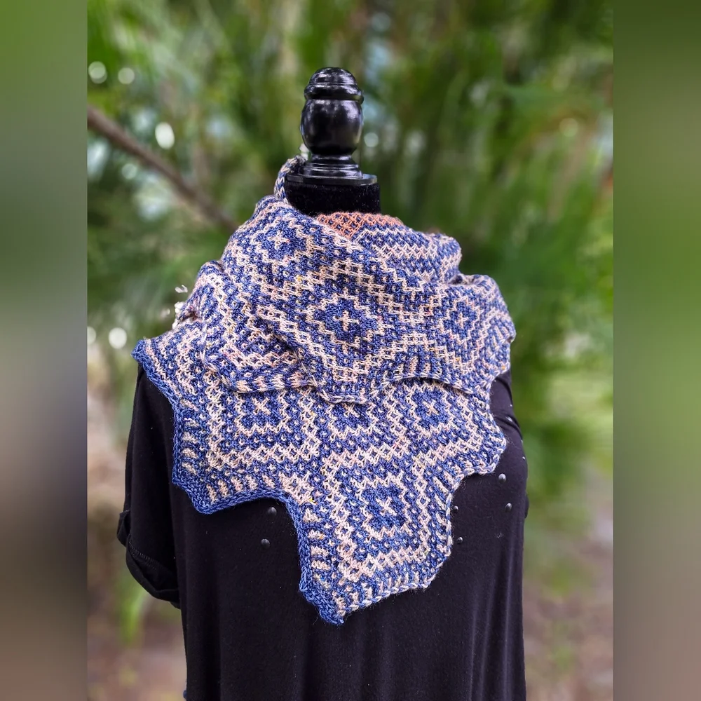 Hand Knit Shawl Blue Brown Beige Hand Dyed Yarn Mosaic Colorwork Soft Warm Cozy - Picture 8 of 16